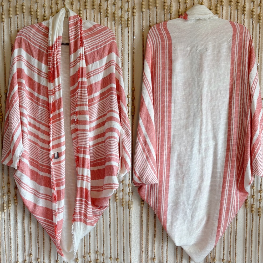 aerie Coral and White Striped Open Cardigan